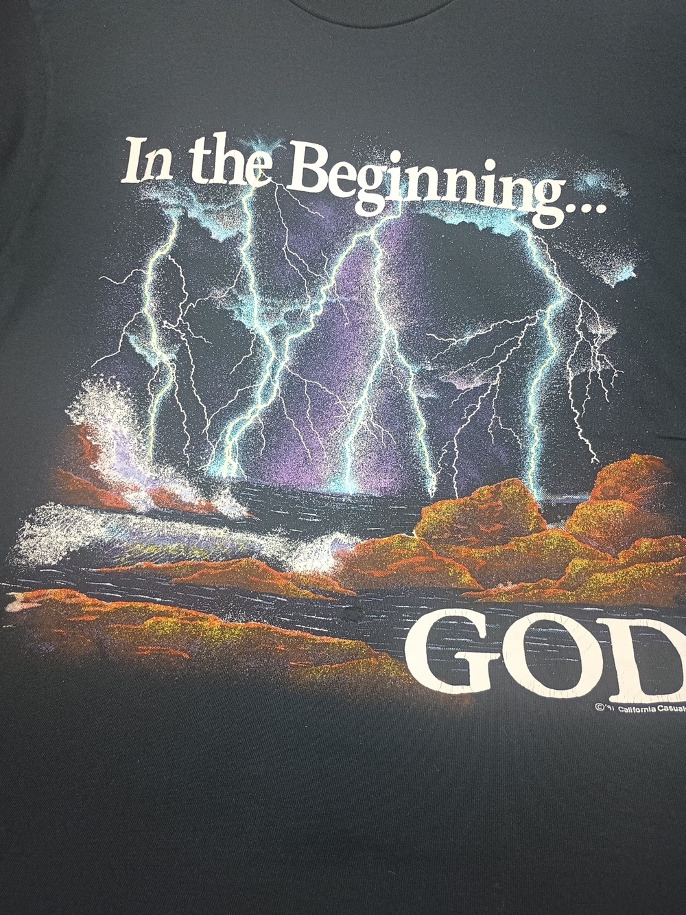 Vintage Single Stitch California Casuals In The Beginning GOD T Shirt Small Hole